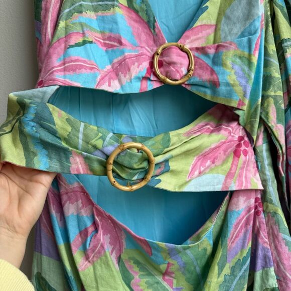 Farm Rio Dress Beach Vibe Mini Cut Out Size XL Balloon Sleeve Palm Tree Linen - Picture 3 of 7